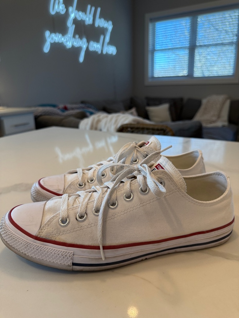 Converse White Canvas Low Top Sneakers with Red Trim